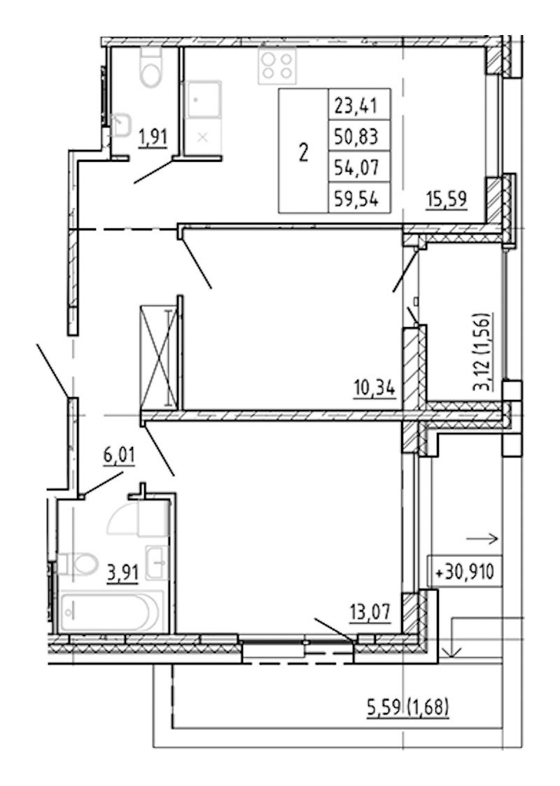 2-комнатная квартира 50.83 м², 12/12 эт., ЖК «Полис Новоселье»